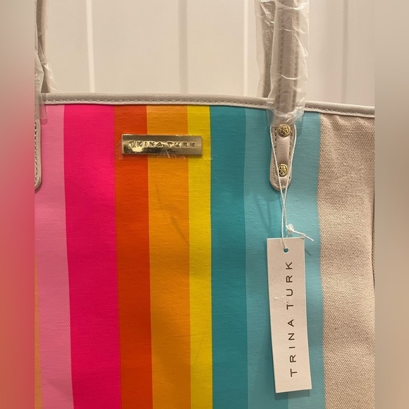 NWT Trina Turk Striped Canvas Tote Bag Spring Inspired - Picture 3 of 11
